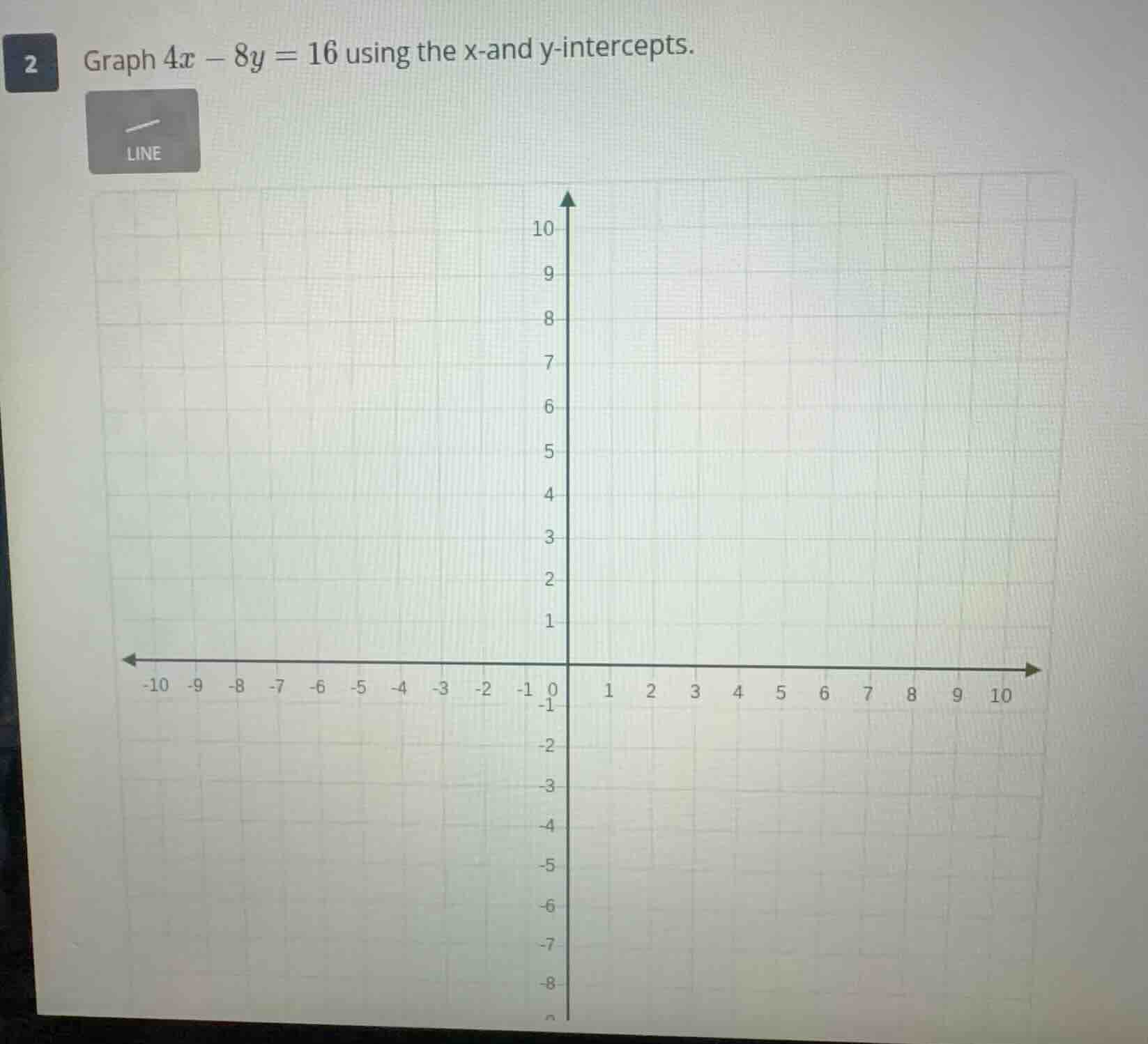 2 graph $4x - 8y = 16$ using the x-and y-intercepts. line (graph grid w…