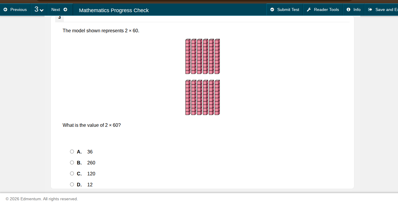 the model shown represents $2 \\times 60$. what is the value of $2 \\ti…