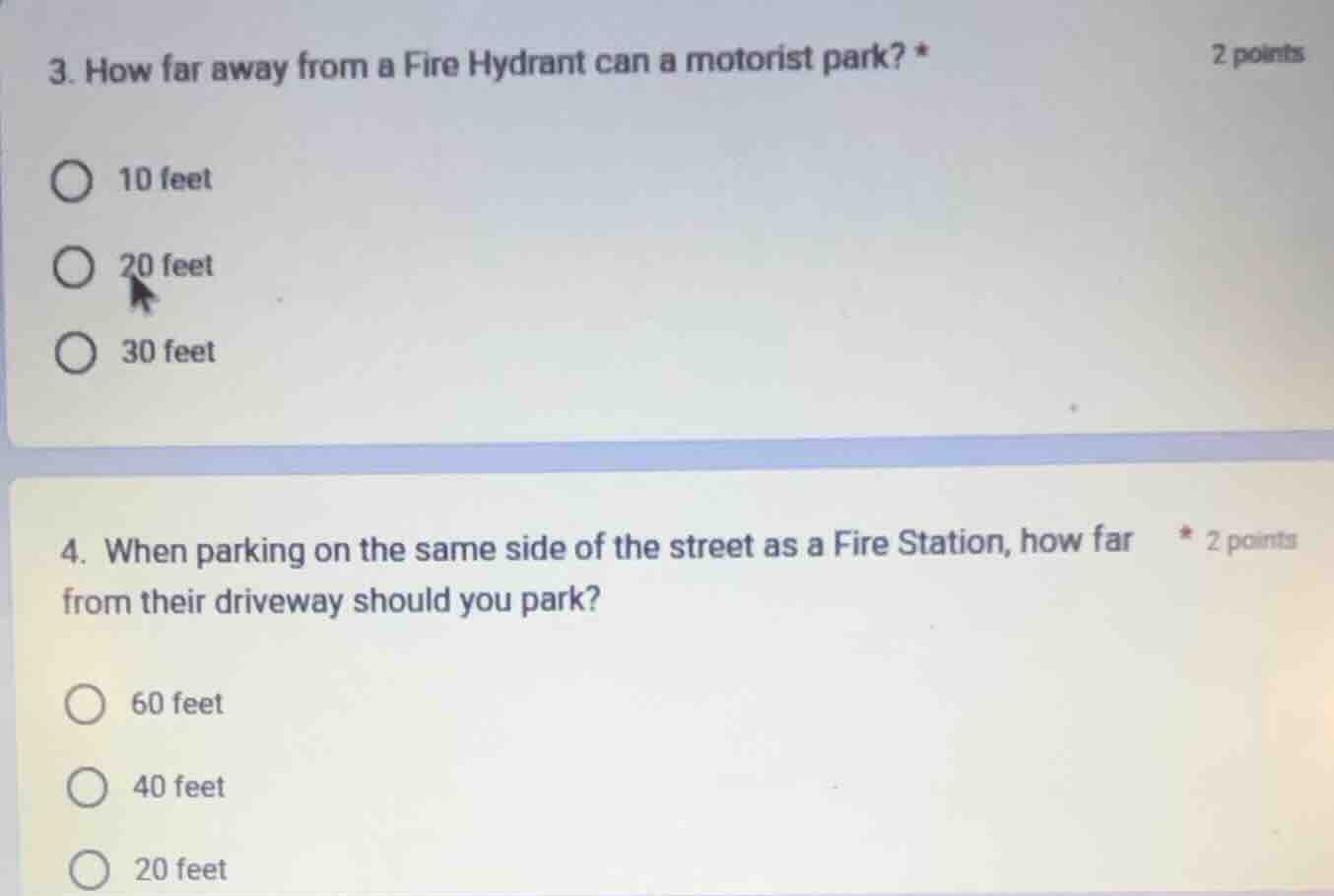 3. how far away from a fire hydrant can a motorist park? * 2 points ○ 1…