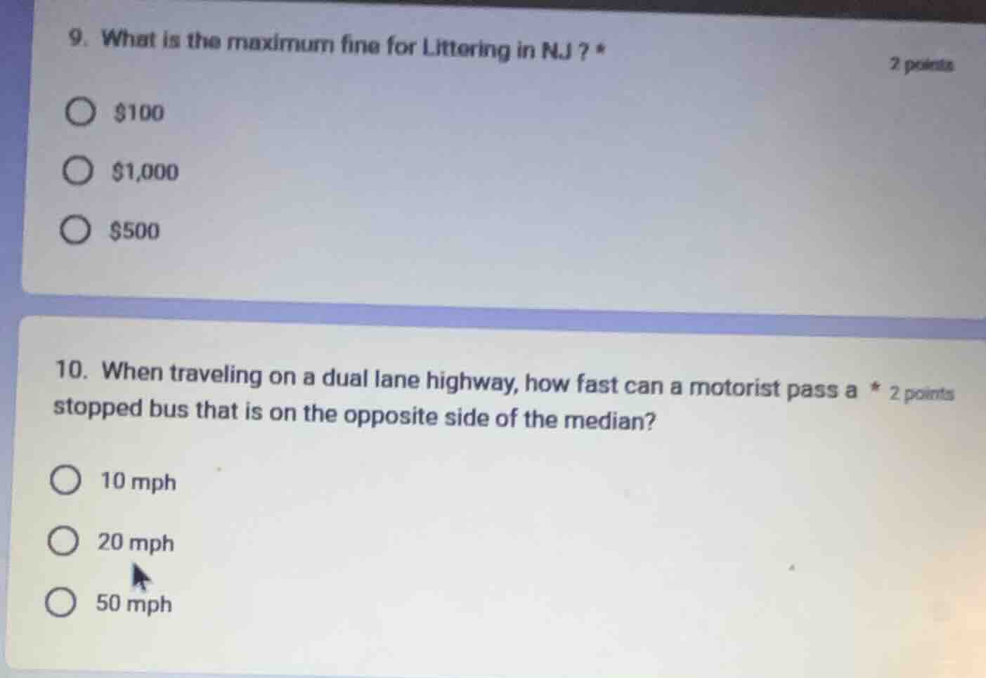 9. what is the maximum fine for littering in nj? * $100 $1,000 $500 10.…