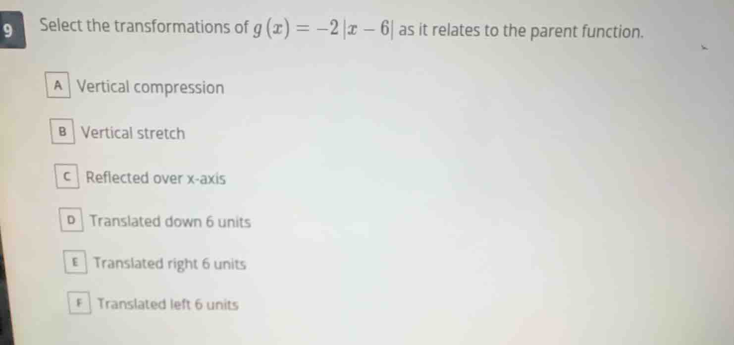 9 select the transformations of $g(x) = -2|x - 6|$ as it relates to the…