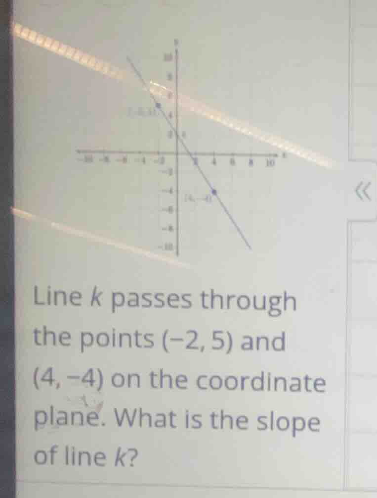 line k passes through the points (-2, 5) and (4, -4) on the coordinate …