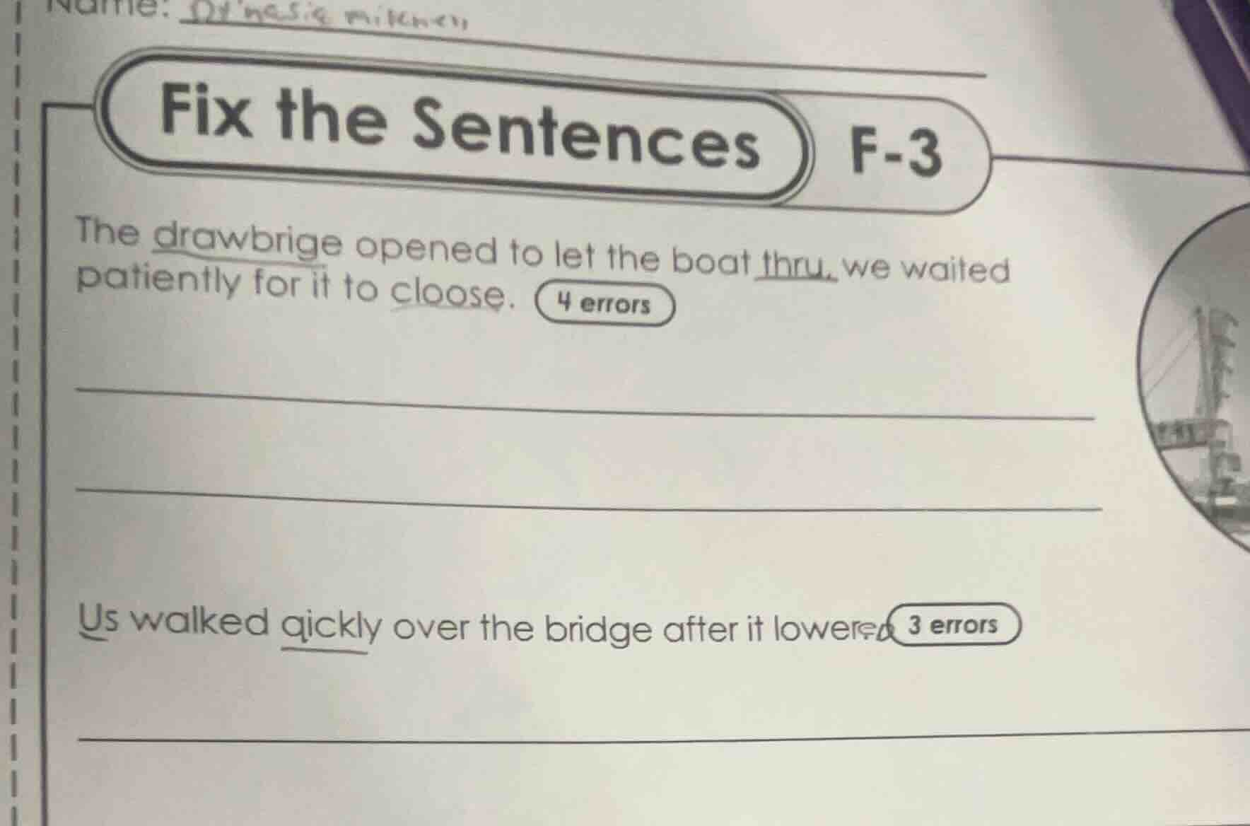 name: fix the sentences f-3 the drawbrige opened to let the boat thru, …