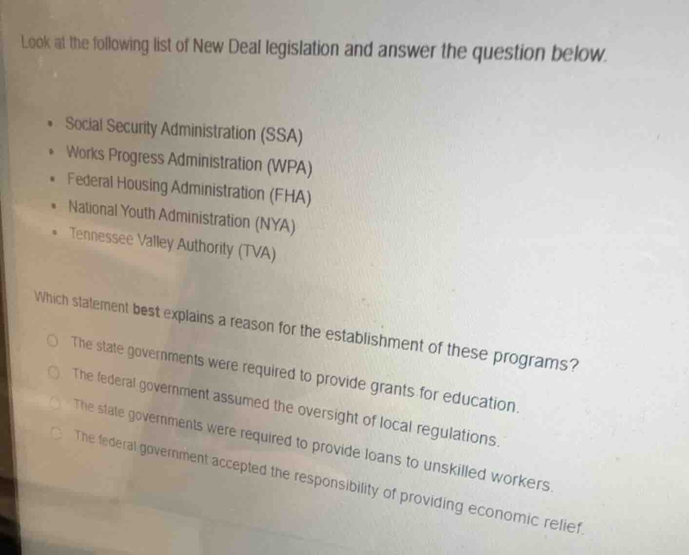 look at the following list of new deal legislation and answer the quest…