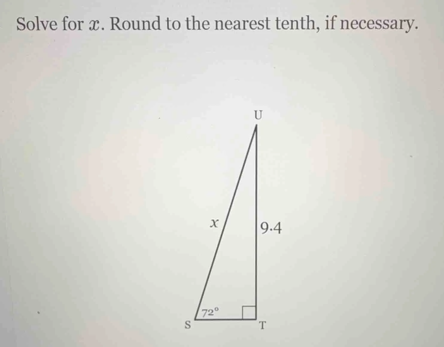 solve for x. round to the nearest tenth, if necessary. triangle image w…