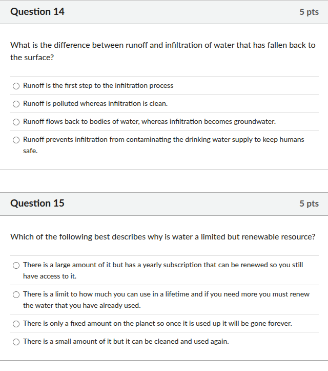 question 14 what is the difference between runoff and infiltration of w…