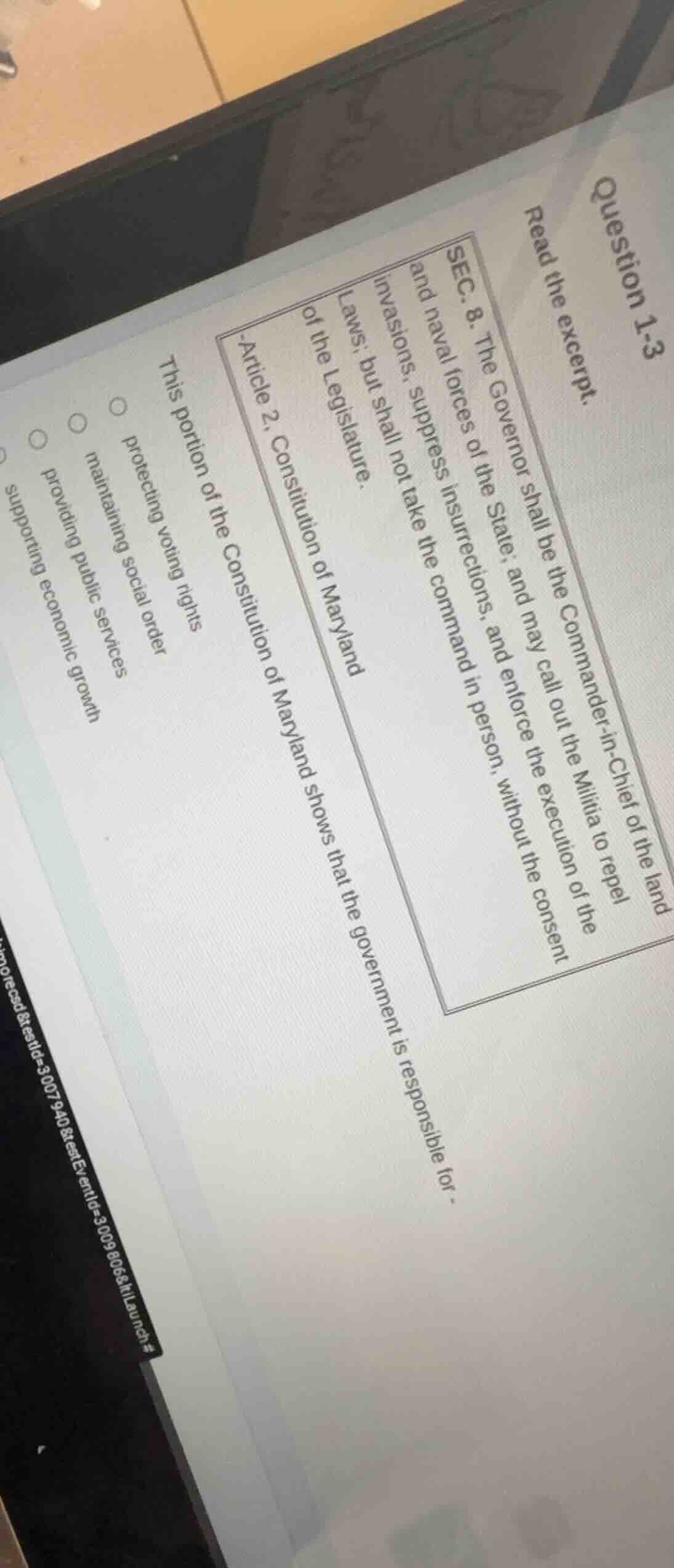 question 1-3 read the excerpt. sec. 8. the governor shall be the comman…