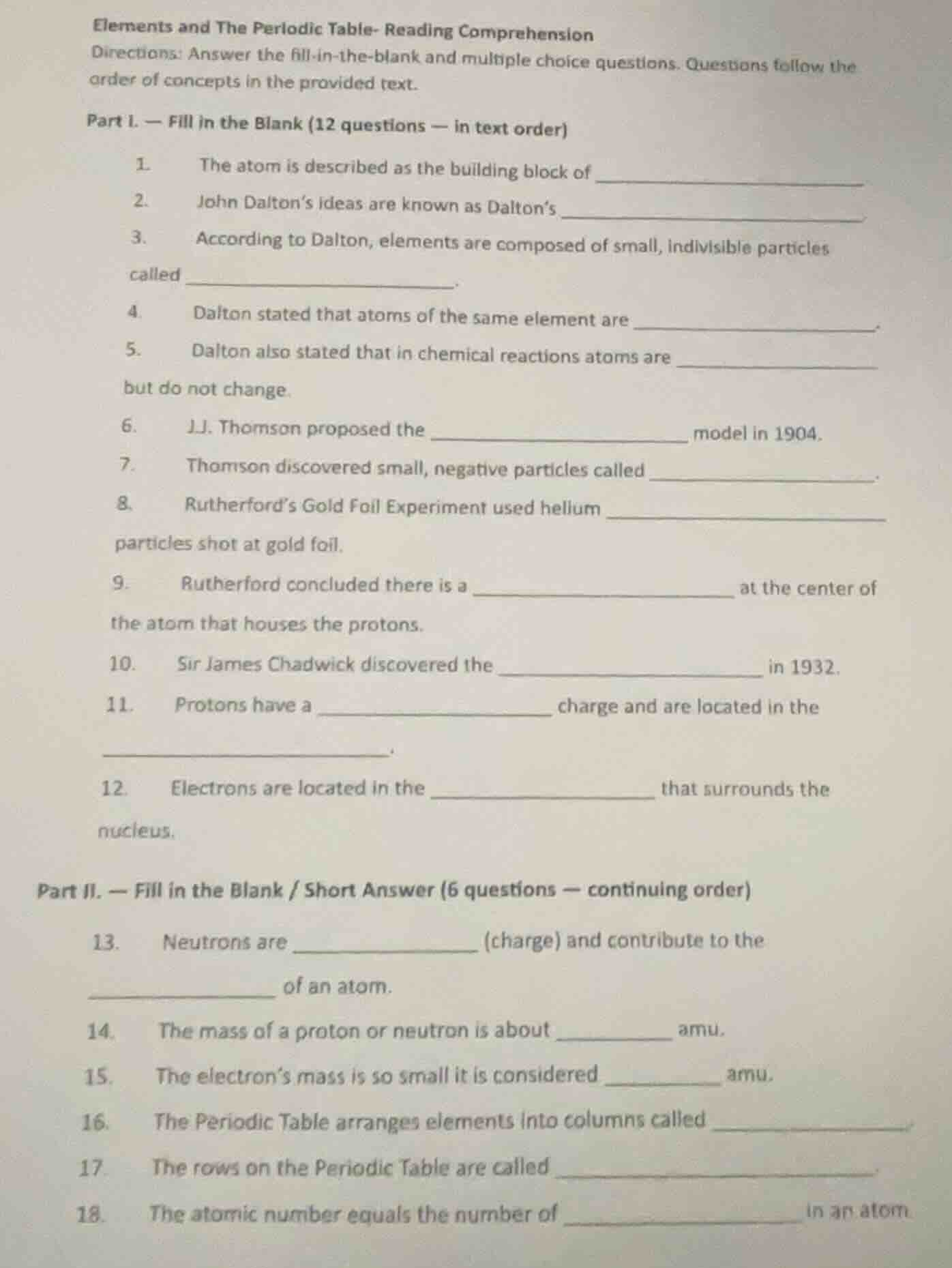 elements and the periodic table- reading comprehension directions: answ…