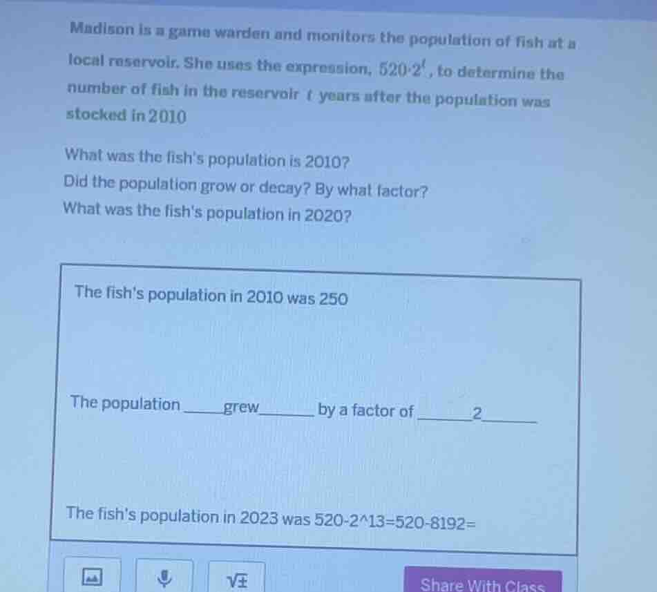 madison is a game warden and monitors the population of fish at a local…