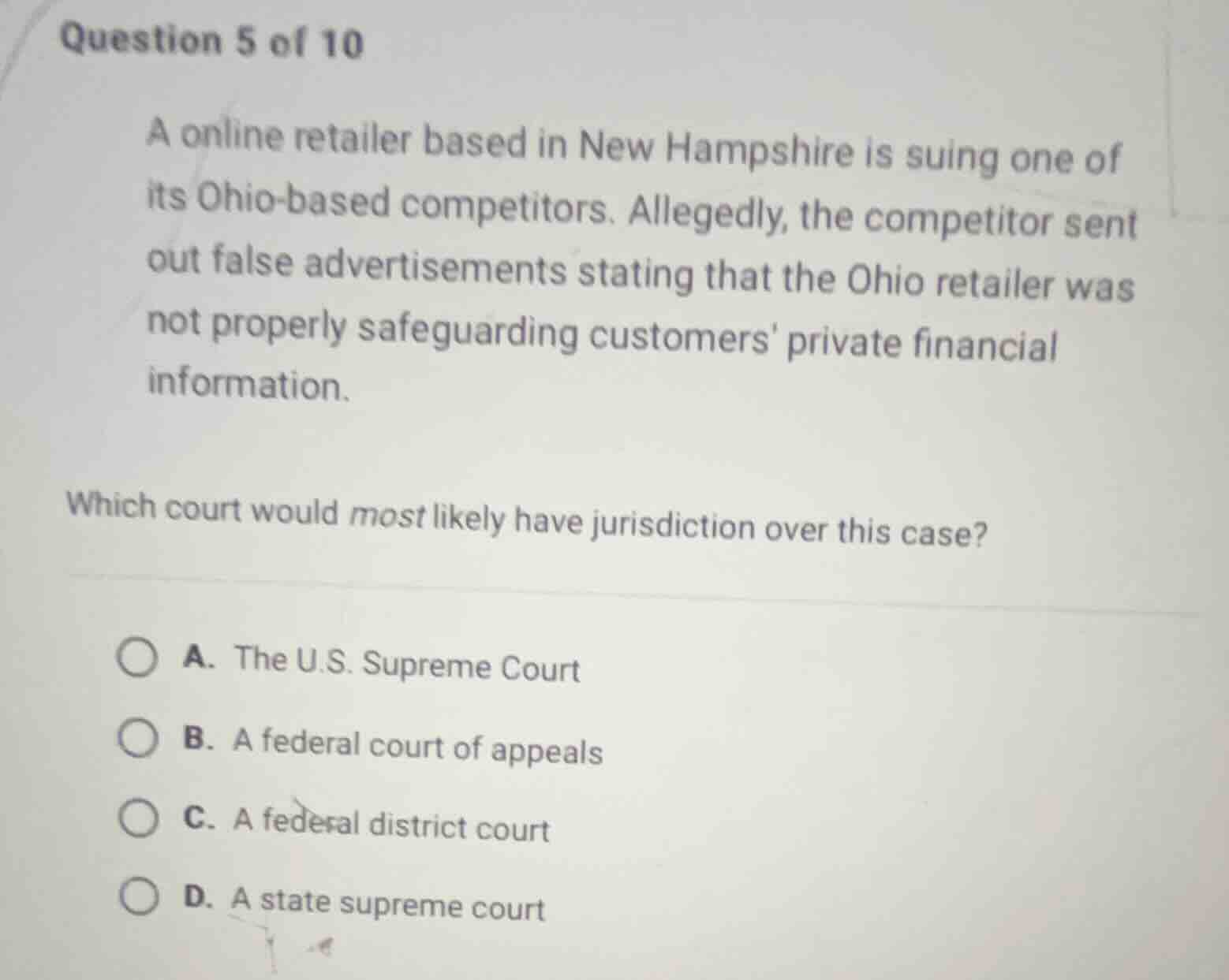 question 5 of 10 a online retailer based in new hampshire is suing one …