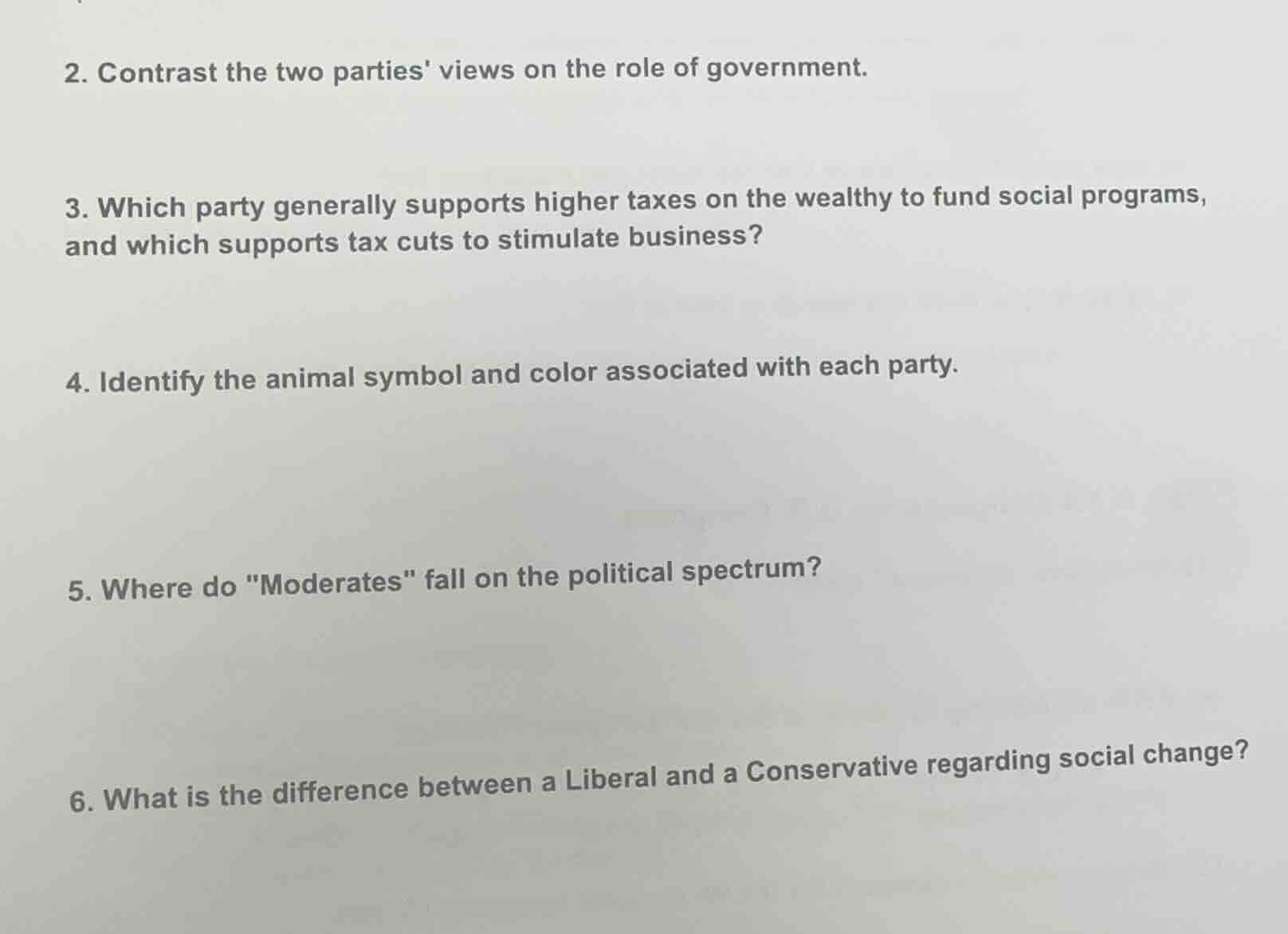 2. contrast the two parties views on the role of government. 3. which p…