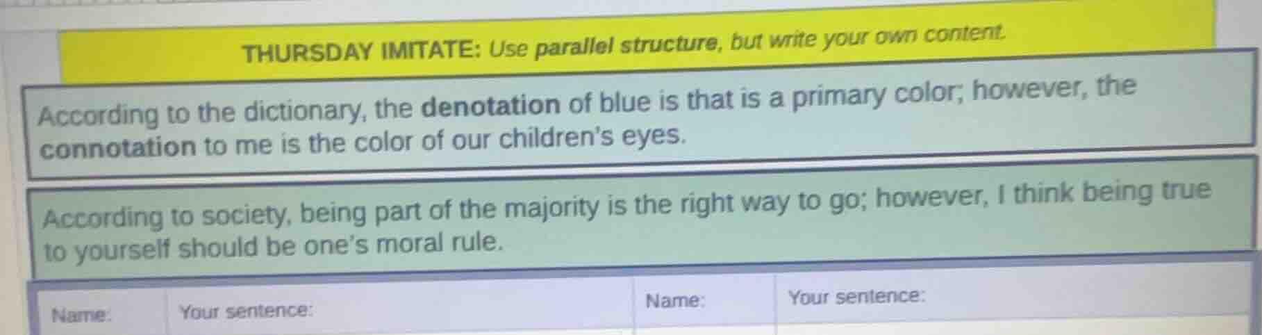 thursday imitate: use parallel structure, but write your own content. a…