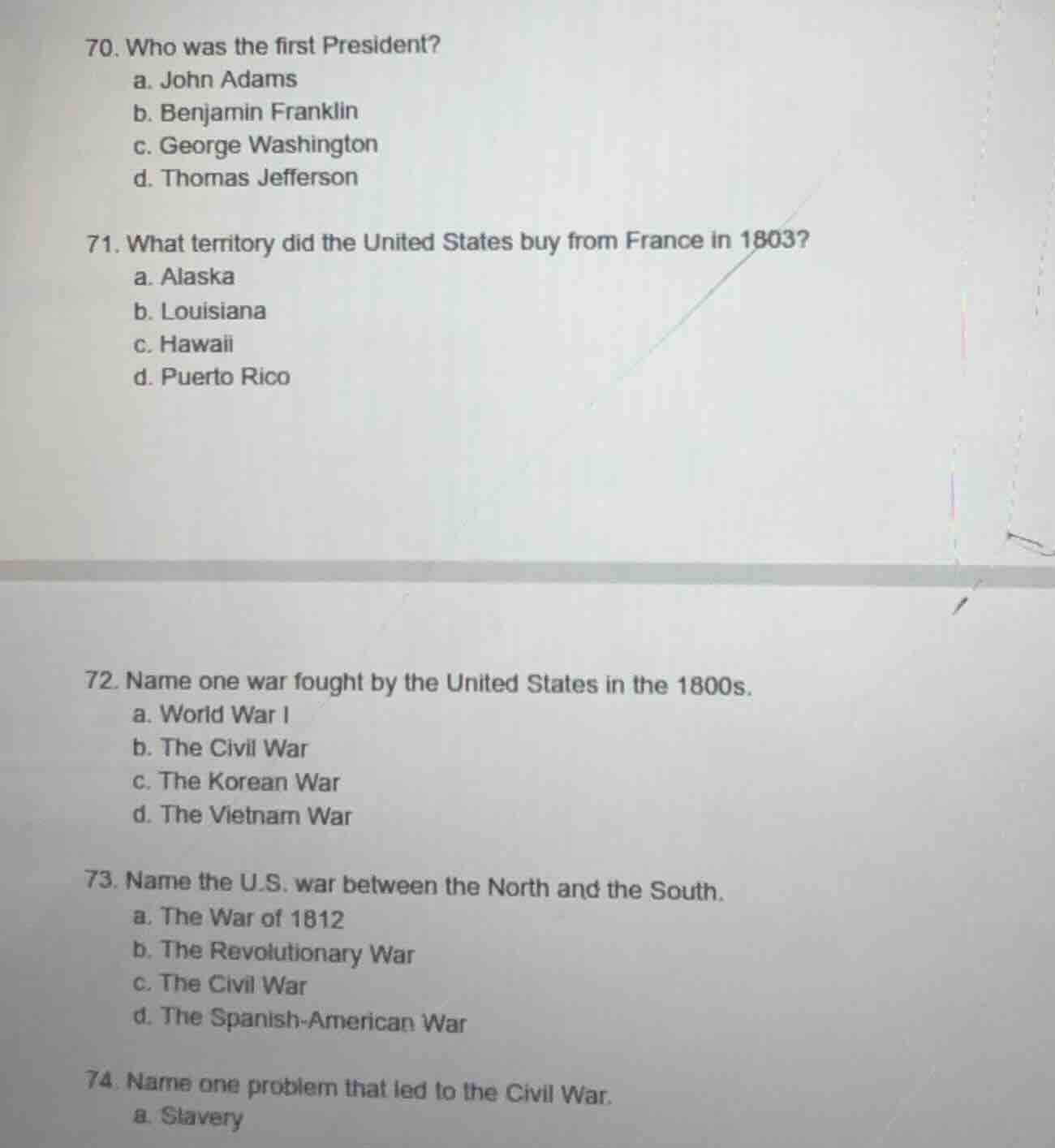 70. who was the first president? a. john adams b. benjamin franklin c. …