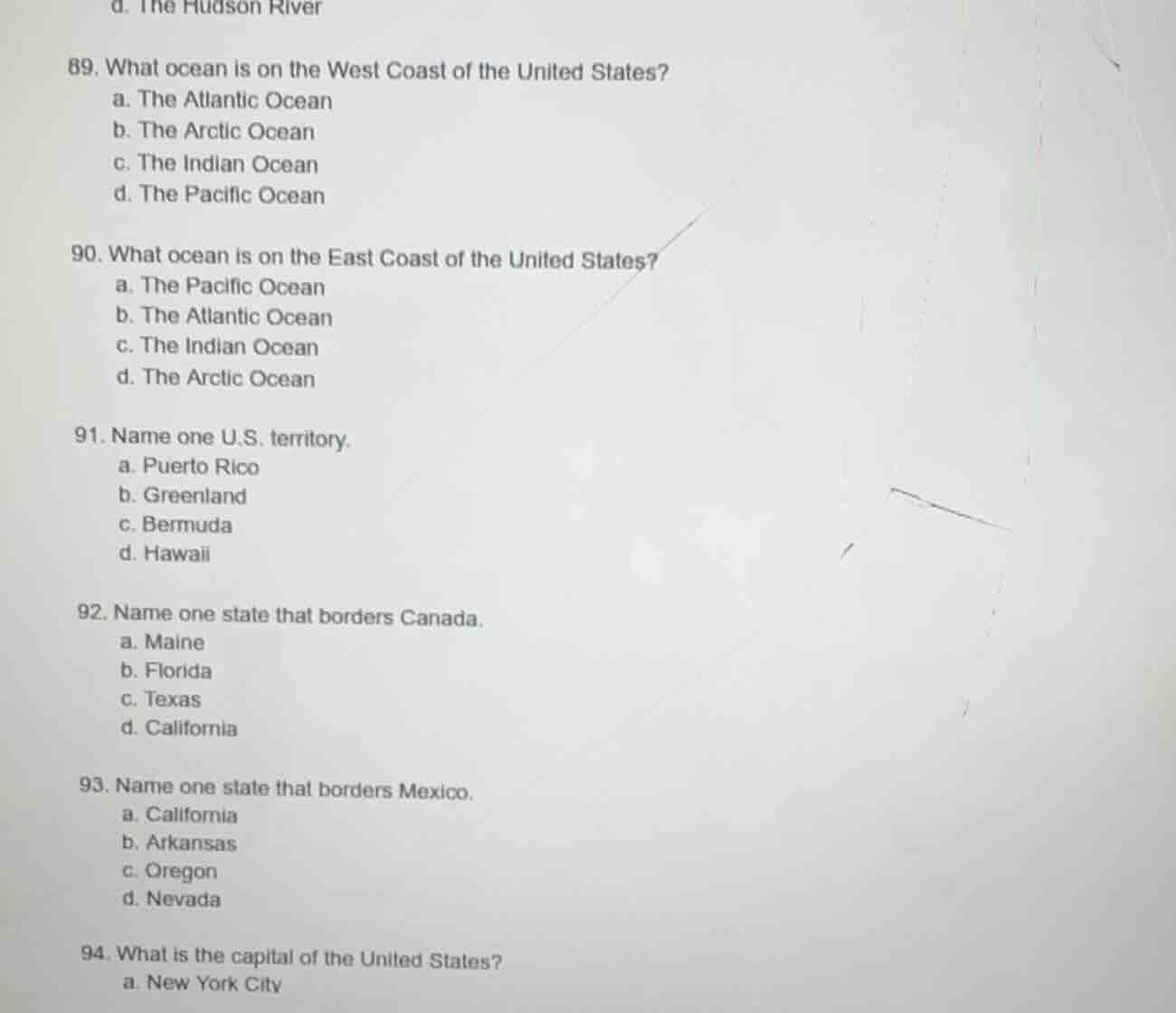 d. the hudson river 89. what ocean is on the west coast of the united s…