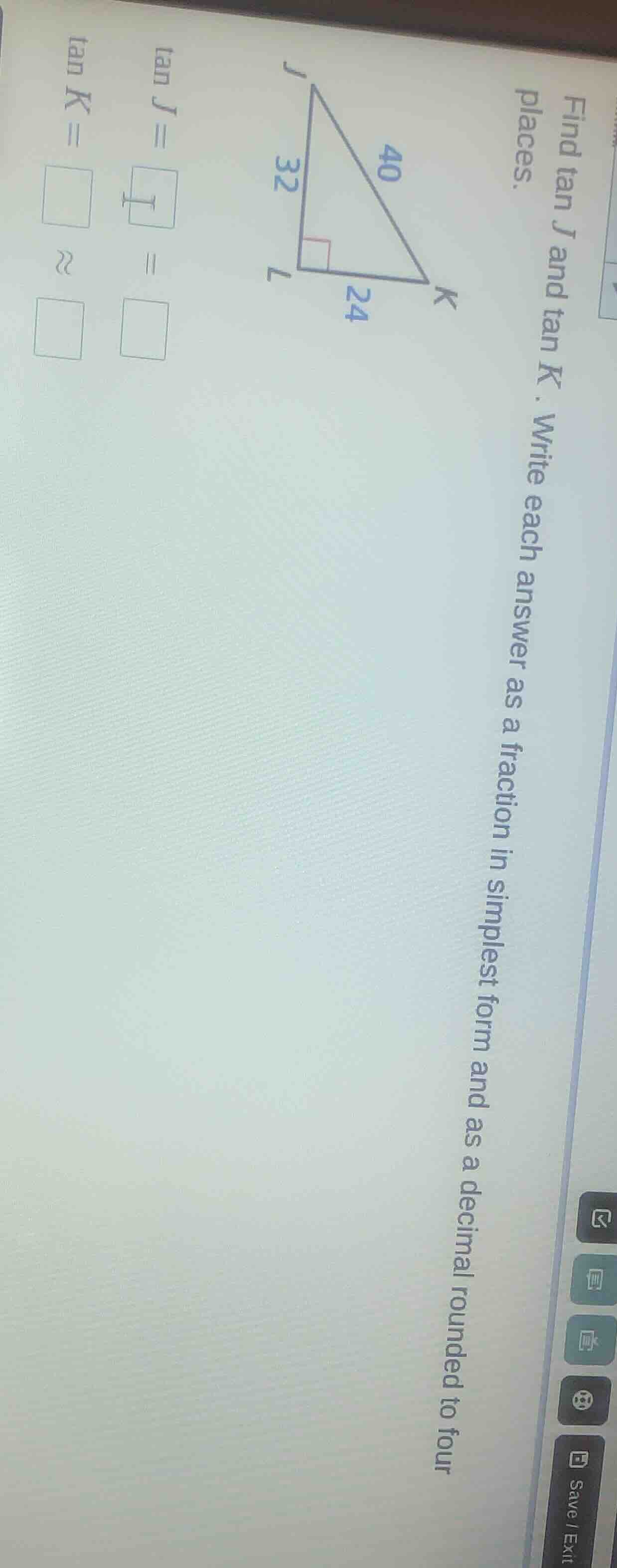 find tan j and tan k. write each answer as a fraction in simplest form …
