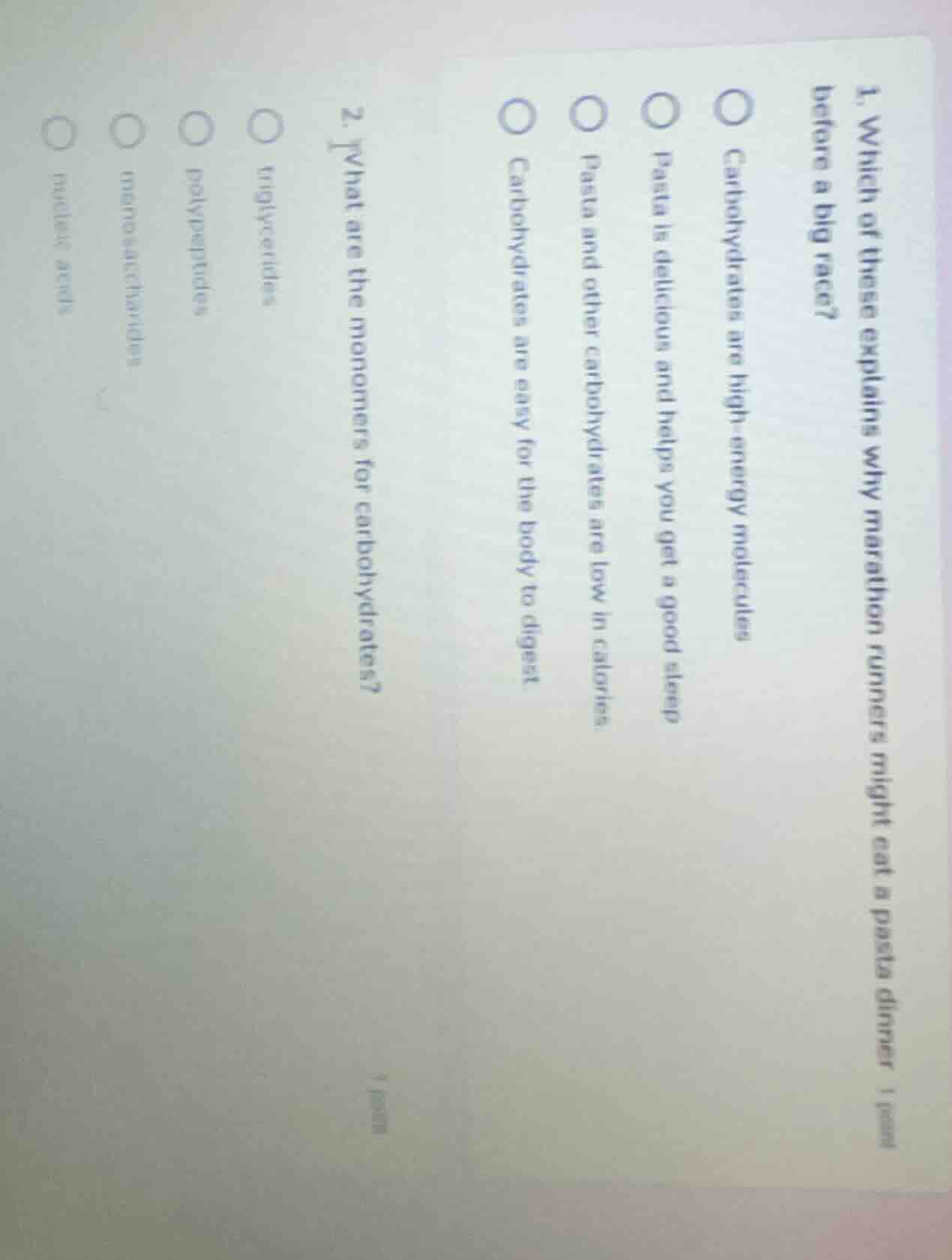 1. which of these explains why marathon runners might eat a pasta dinne…