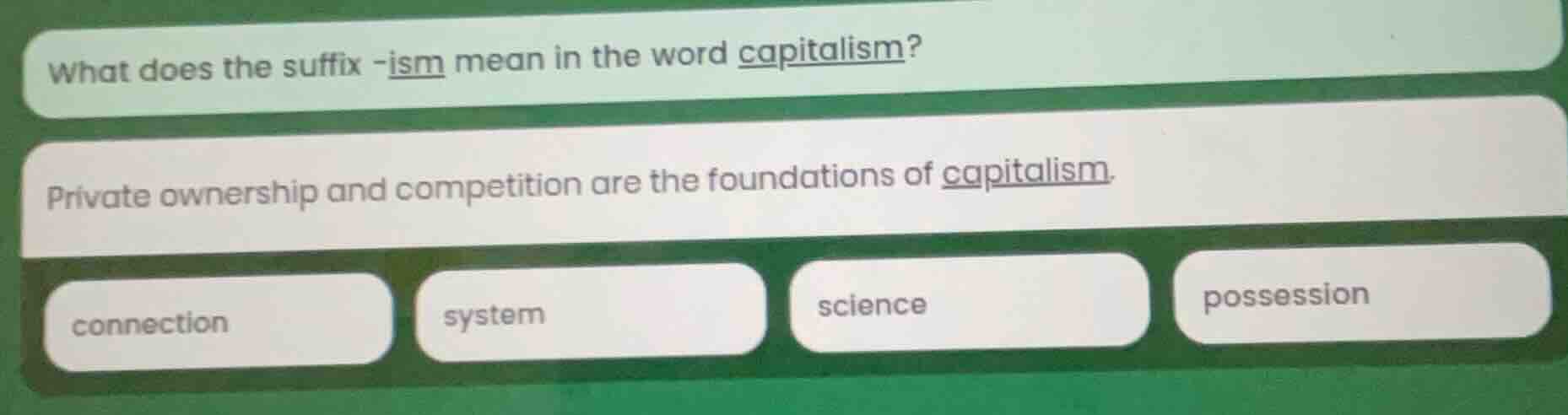 what does the suffix -ism mean in the word capitalism? private ownershi…
