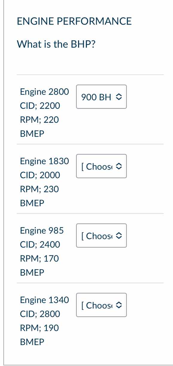 engine performance what is the bhp? engine 2800 cid; 2200 rpm; 220 bmep…