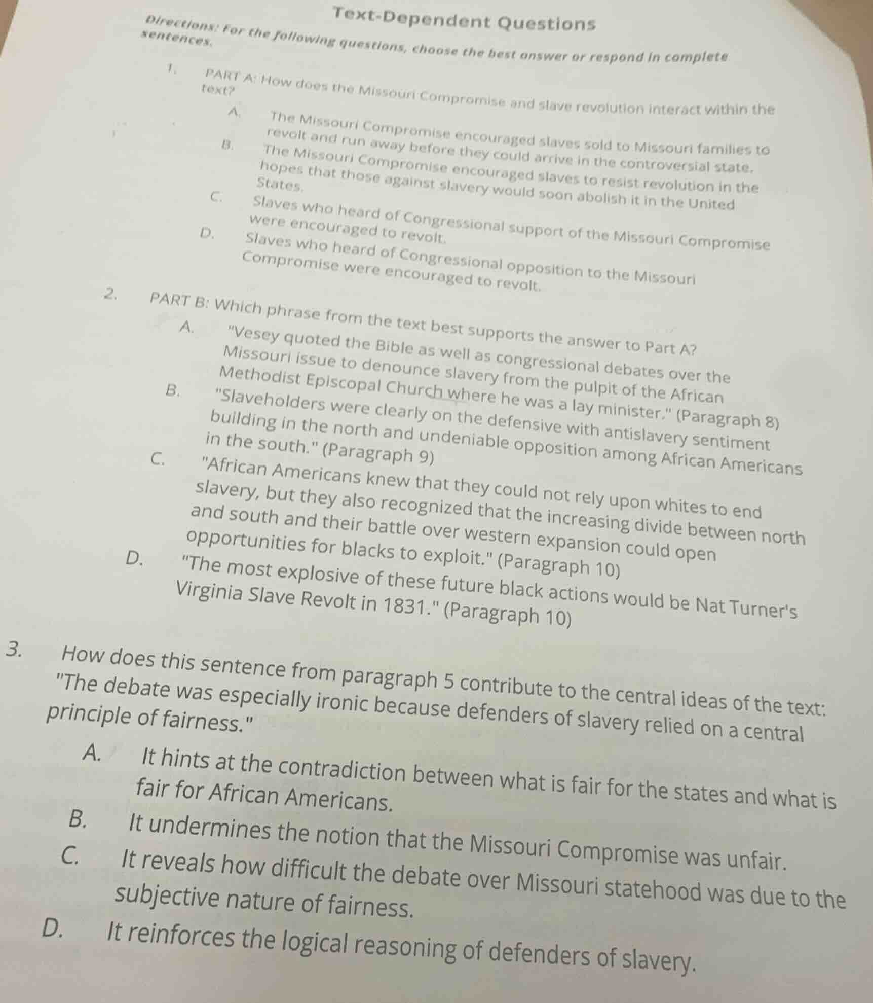 text-dependent questions directions: for the following questions, choos…