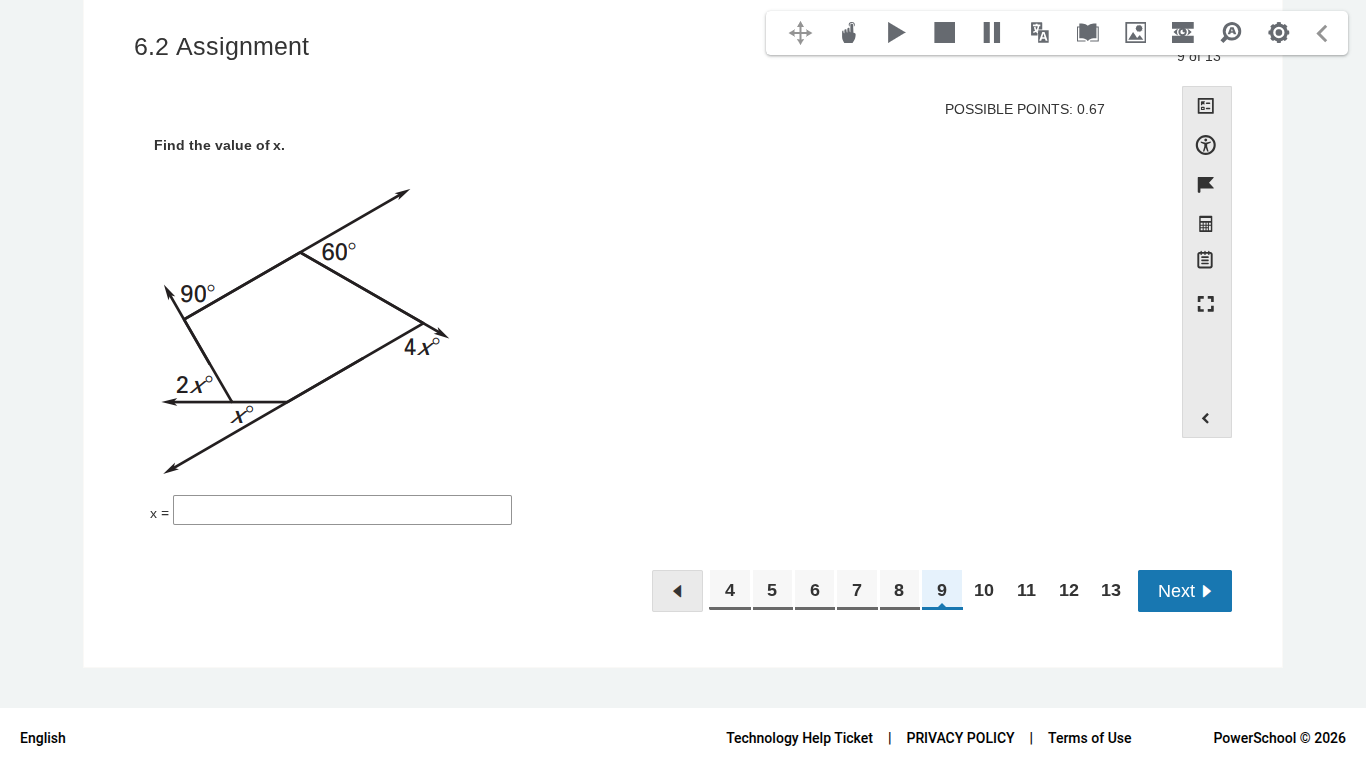 6.2 assignment possible points: 0.67 find the value of x. (figure with …
