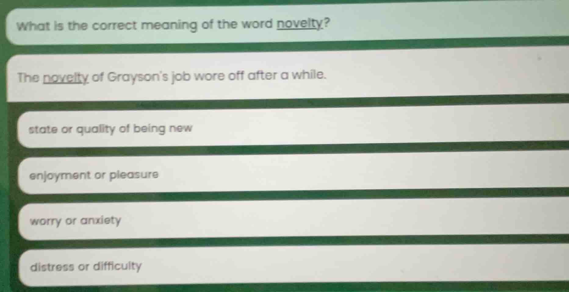 what is the correct meaning of the word novelty? the novelty of grayson…