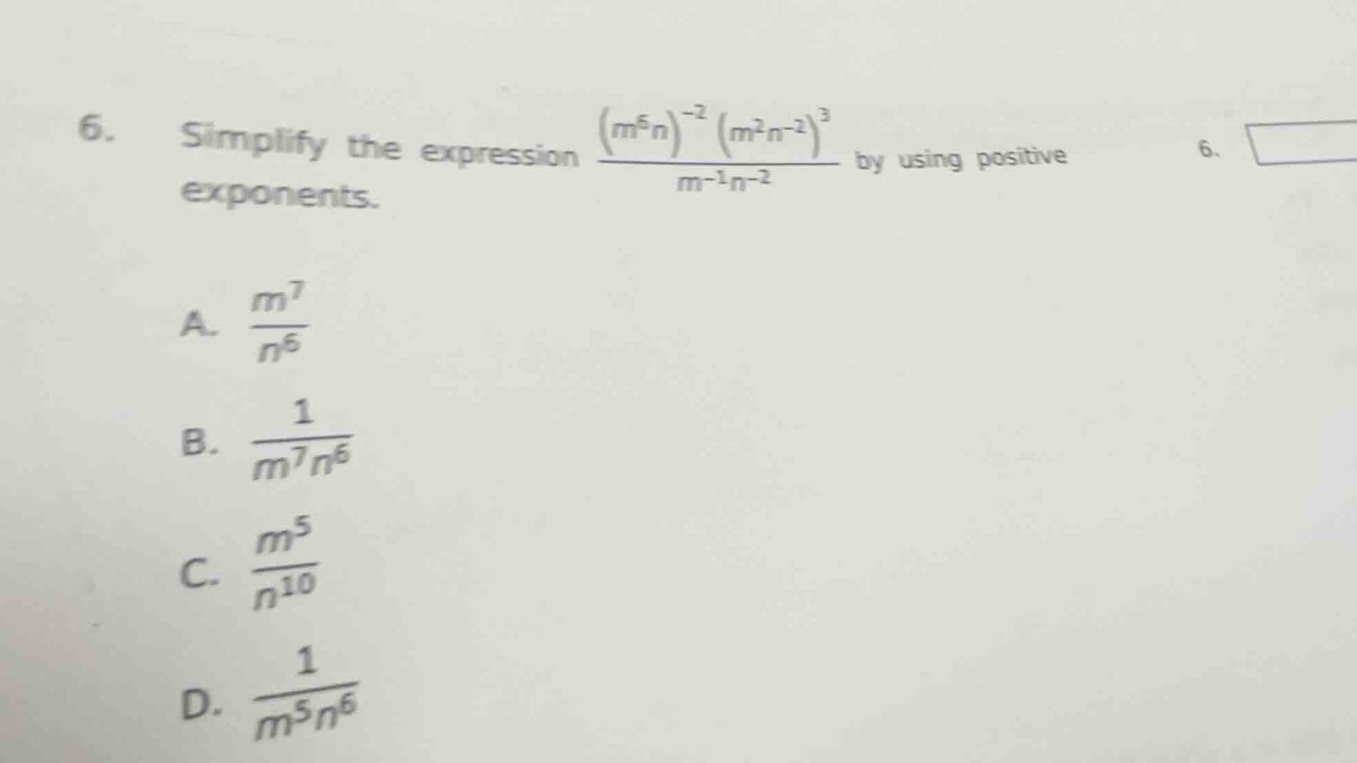 6. simplify the expression \\(\\frac{(m^5n)^{-2}(m^2n^{-2})^3}{m^{-1}n^…