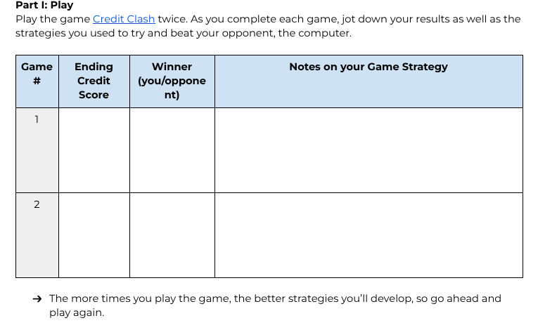 part i: play play the game credit clash twice. as you complete each gam…