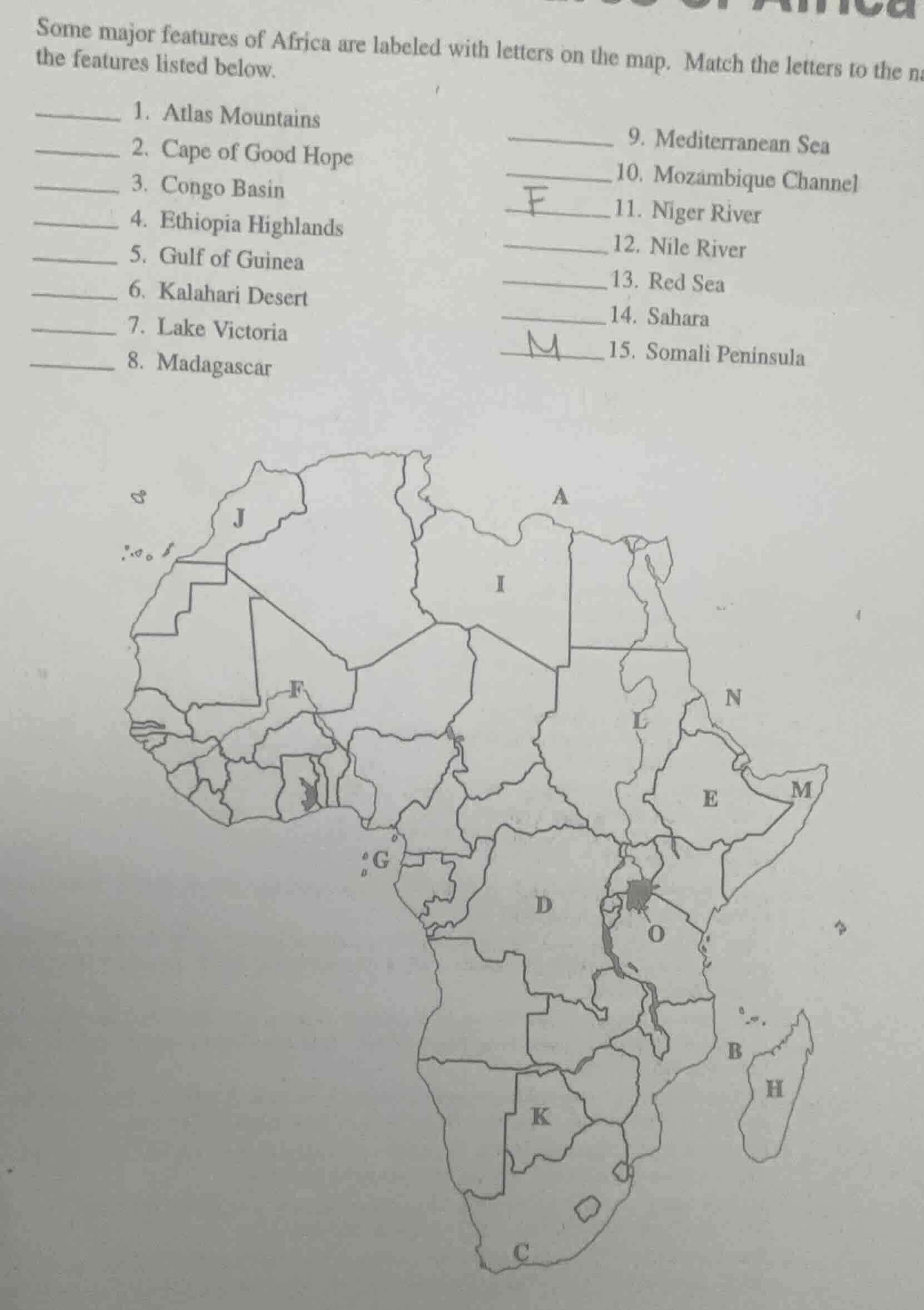some major features of africa are labeled with letters on the map. matc…