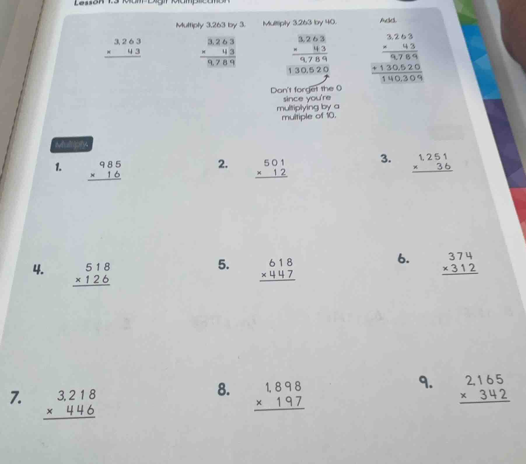 lesson 1.3 multi-digit multiplication multiply 3,263 by 3. multiply 3,2…