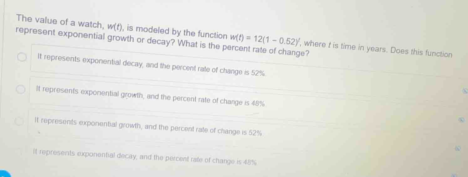 the value of a watch, w(t), is modeled by the function $w(t) = 12(1 - 0…