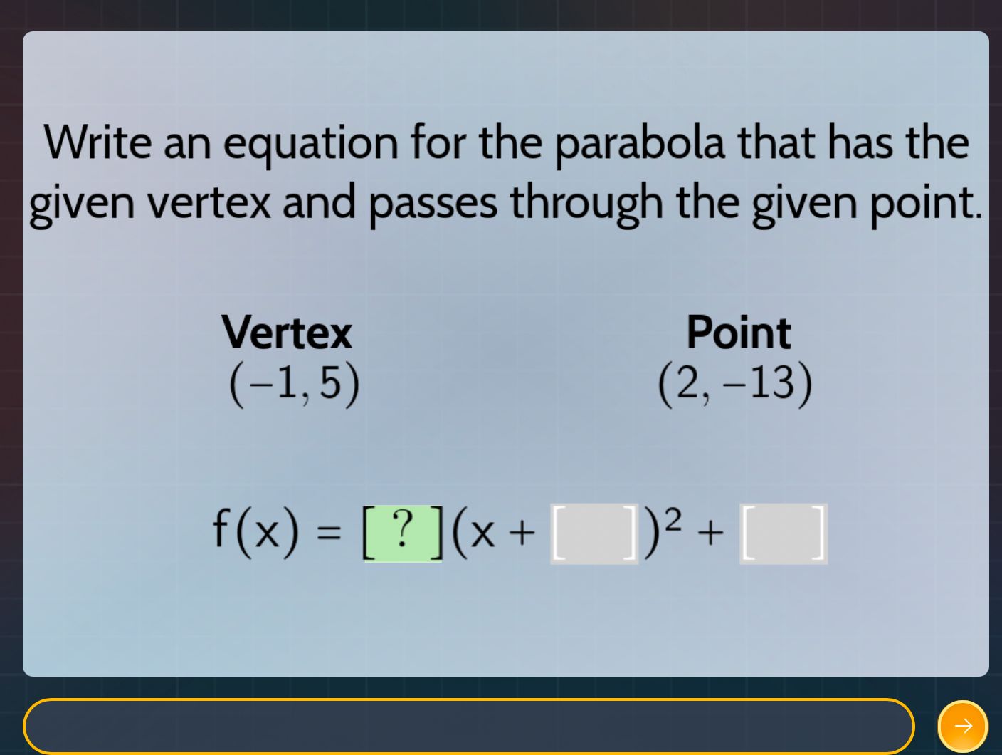 write an equation for the parabola that has the given vertex and passes…