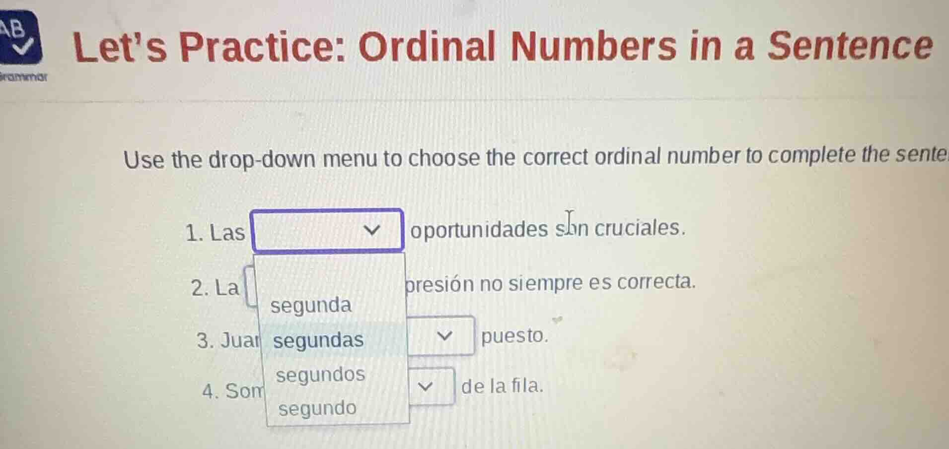 lets practice: ordinal numbers in a sentence use the drop - down menu t…