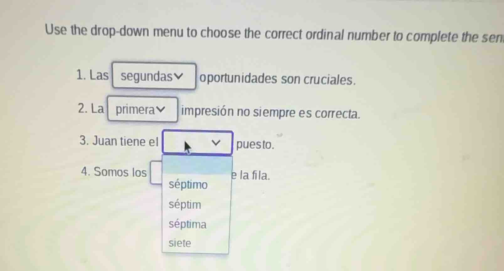use the drop - down menu to choose the correct ordinal number to comple…
