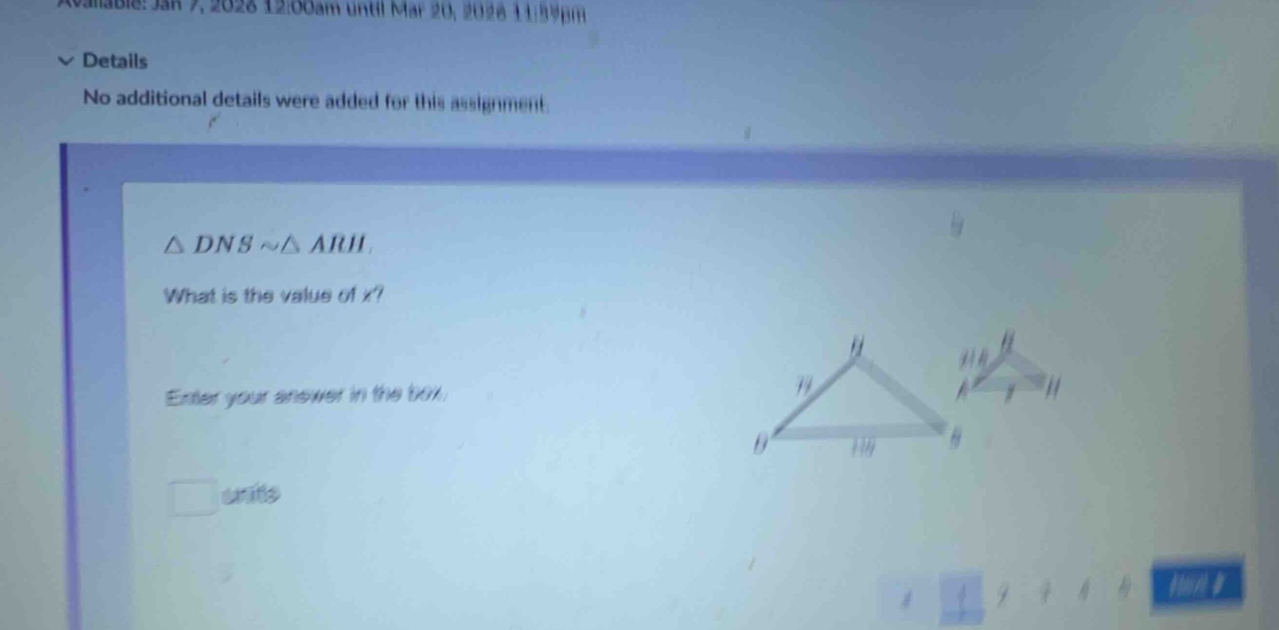 △ dns ~△ arh. what is the value of x? enter your answer in the box. □ u…