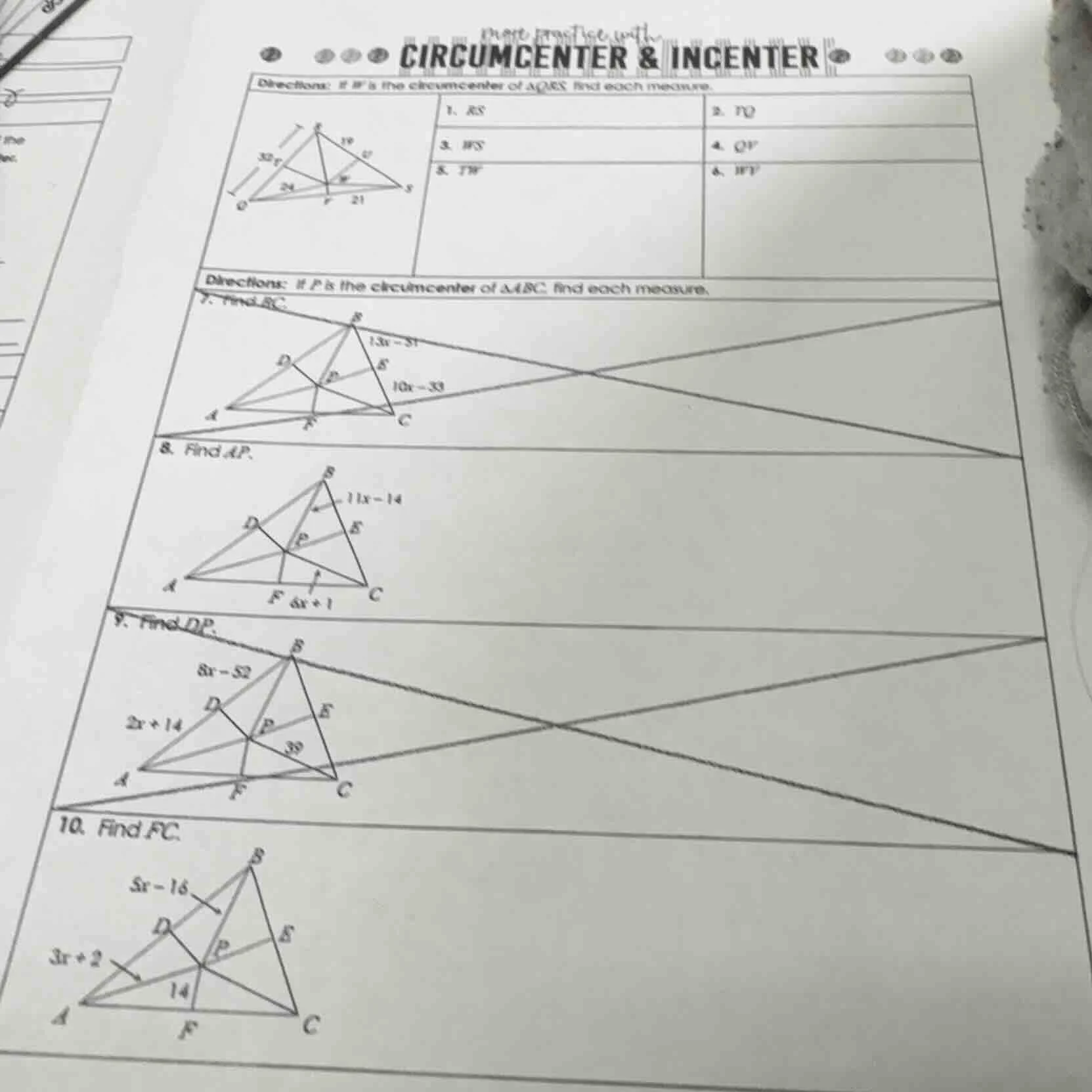 more practice with circumcenter & incenter directions: if w is the circ…