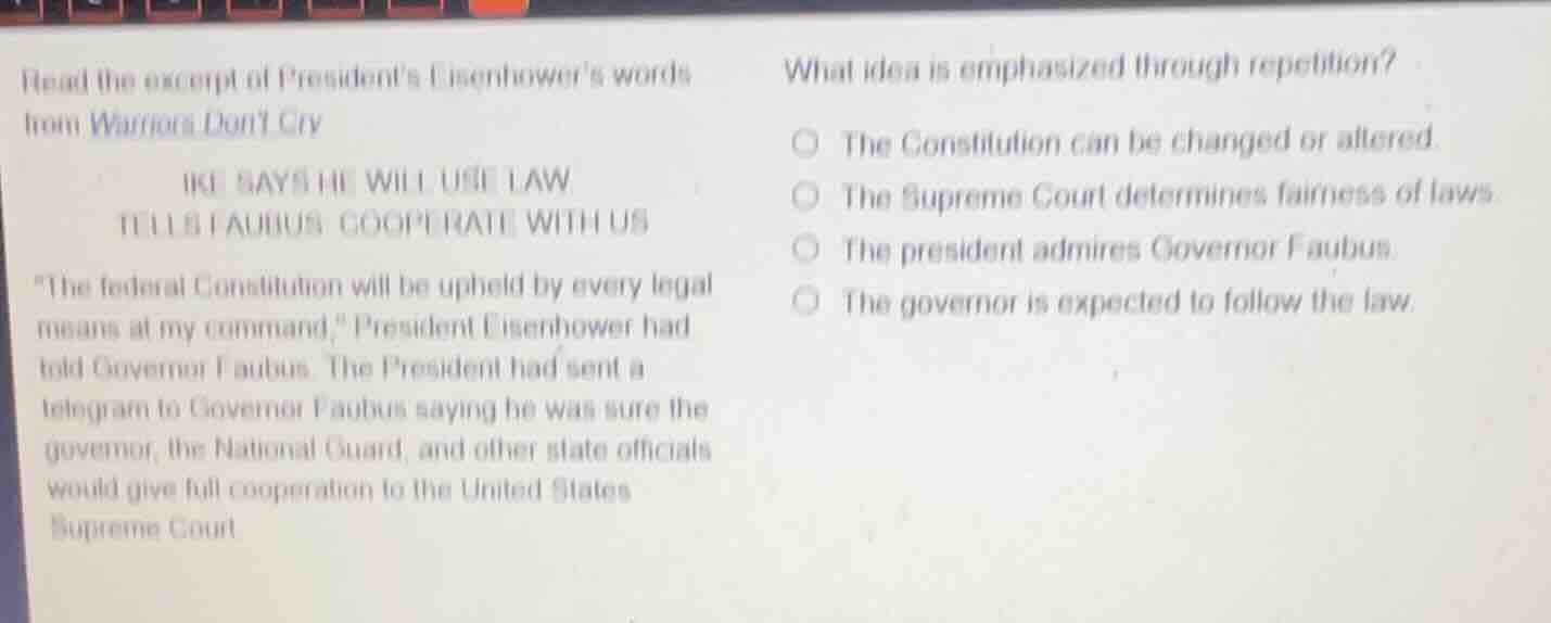 read the excerpt of presidents eisenhowers words from warriors dont cry…