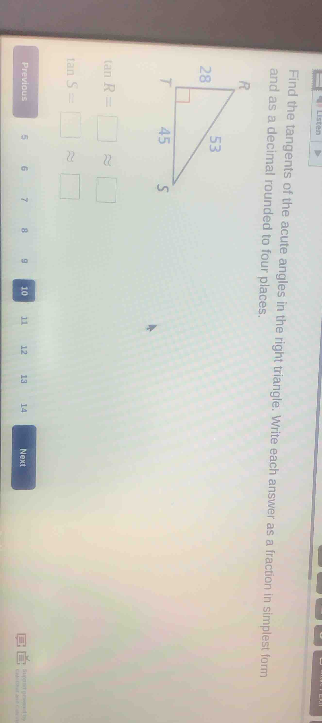 find the tangents of the acute angles in the right triangle. write each…