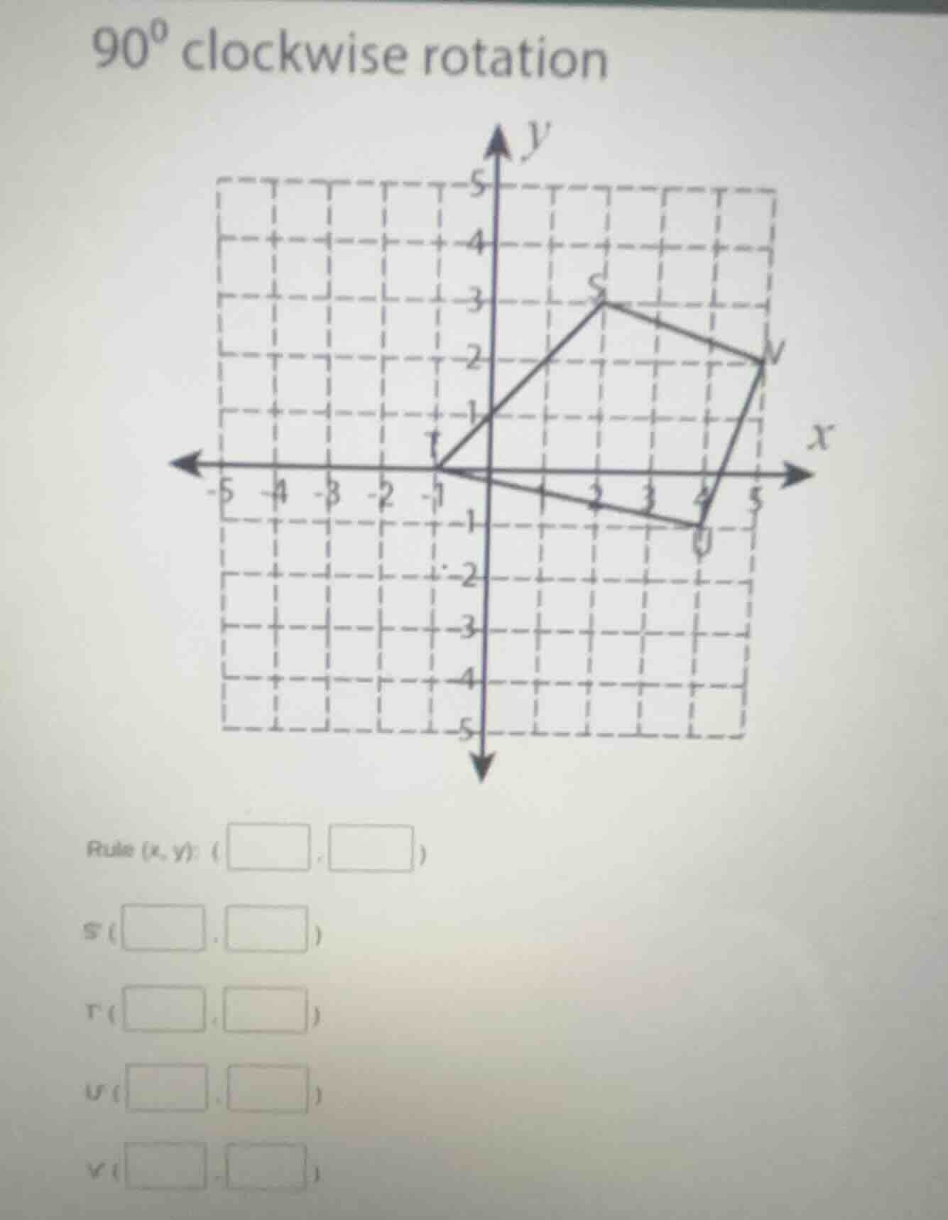 90° clockwise rotation rule (x, y): (□, □) s(□, □) t(□, □) u(□, □) v(□,…