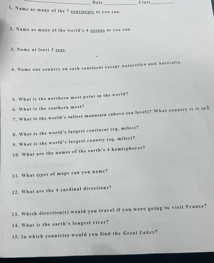 1. name as many of the 7 continents as you can. 2. name as many of the …