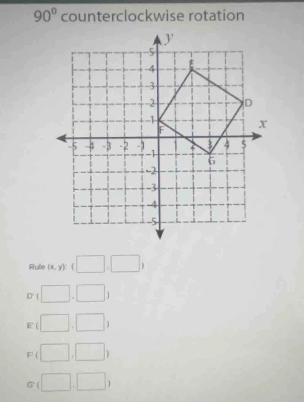 90° counterclockwise rotation rule (x, y): (□, □) d (□, □) e (□, □) f (…