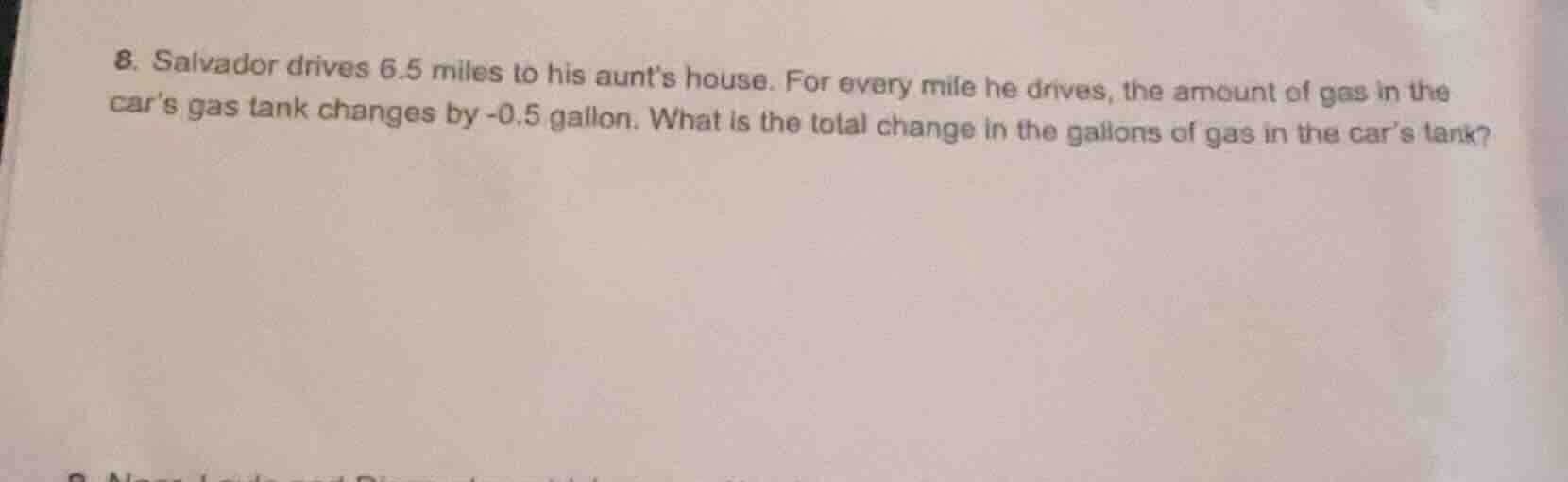 8. salvador drives 6.5 miles to his aunts house. for every mile he driv…