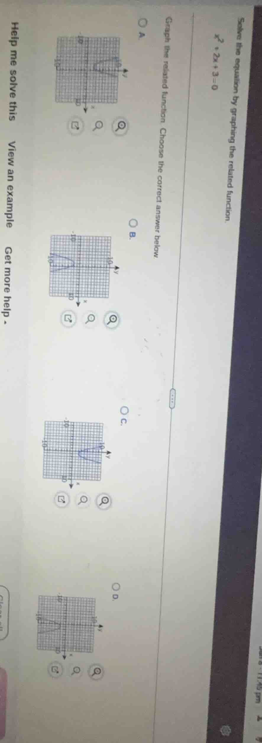 solve the equation by graphing the related function. $x^2 + 2x + 3 = 0$…