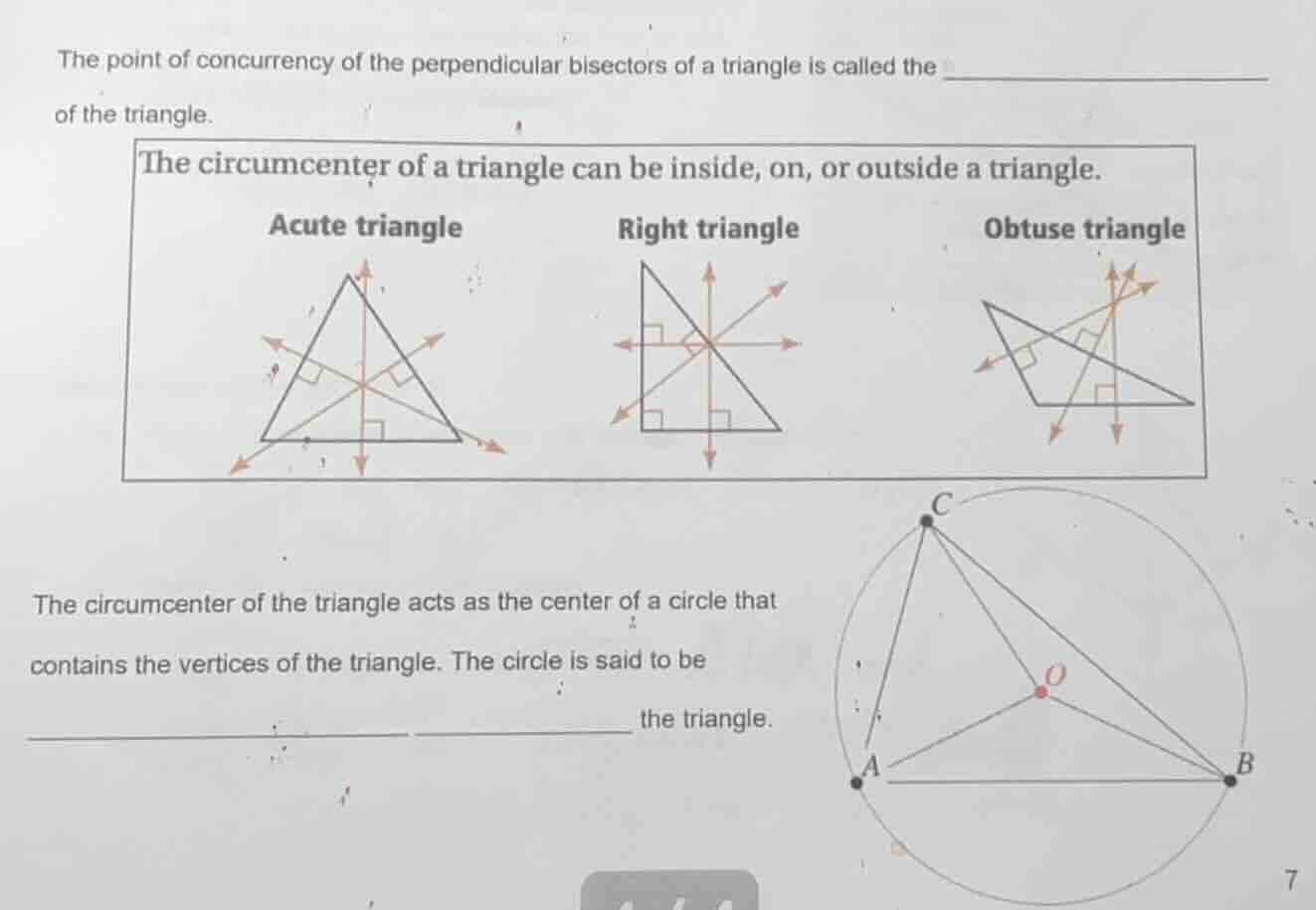the point of concurrency of the perpendicular bisectors of a triangle i…