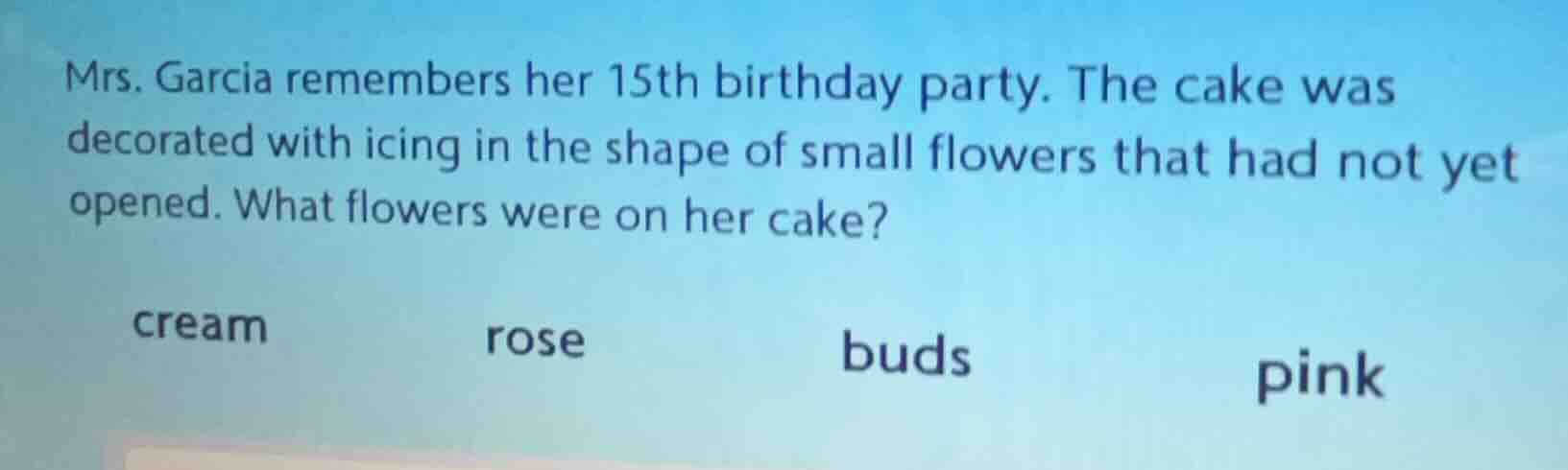 mrs. garcia remembers her 15th birthday party. the cake was decorated w…