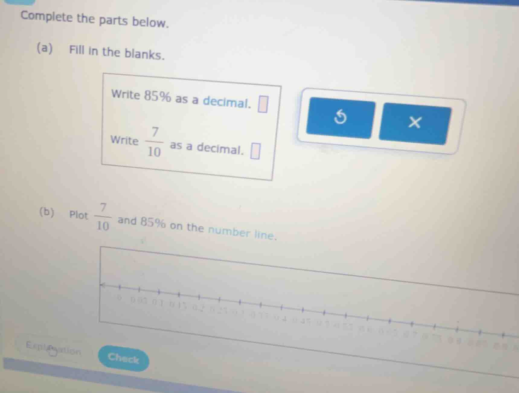 complete the parts below. (a) fill in the blanks. write 85% as a decima…