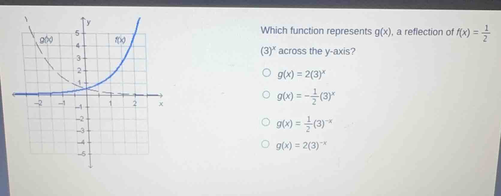 which function represents g(x), a reflection of f(x) = \\frac{1}{2}(3)^…