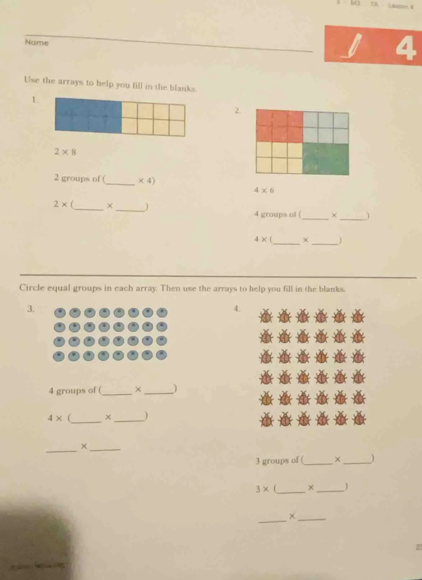 name use the arrays to help you fill in the blanks. 1. 2 × 8 2 groups o…