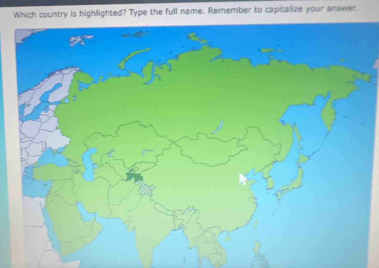 which country is highlighted? type the full name. remember to capitaliz…