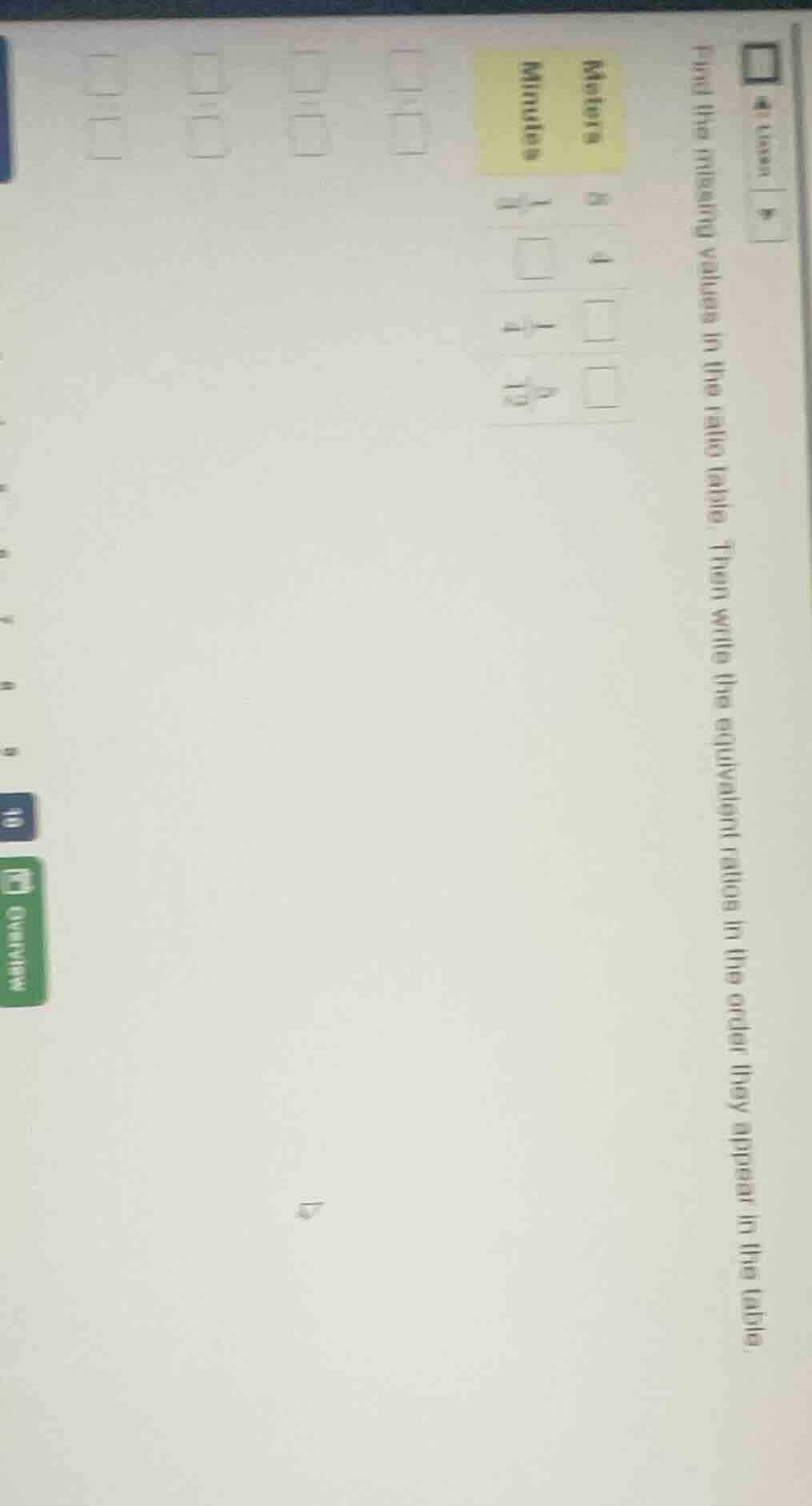 find the missing values in the ratio table. then write the equivalent r…