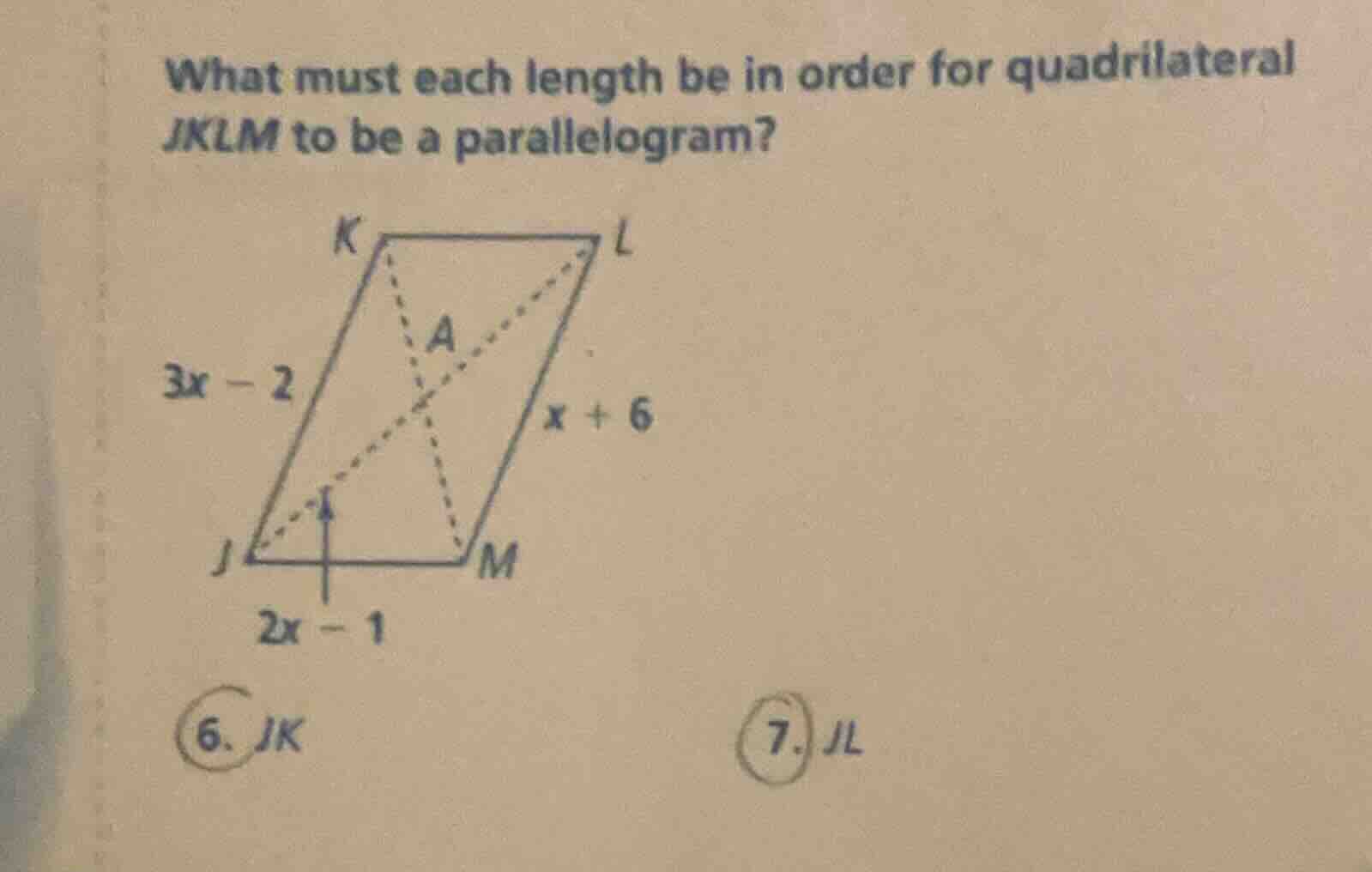 what must each length be in order for quadrilateral jklm to be a parall…
